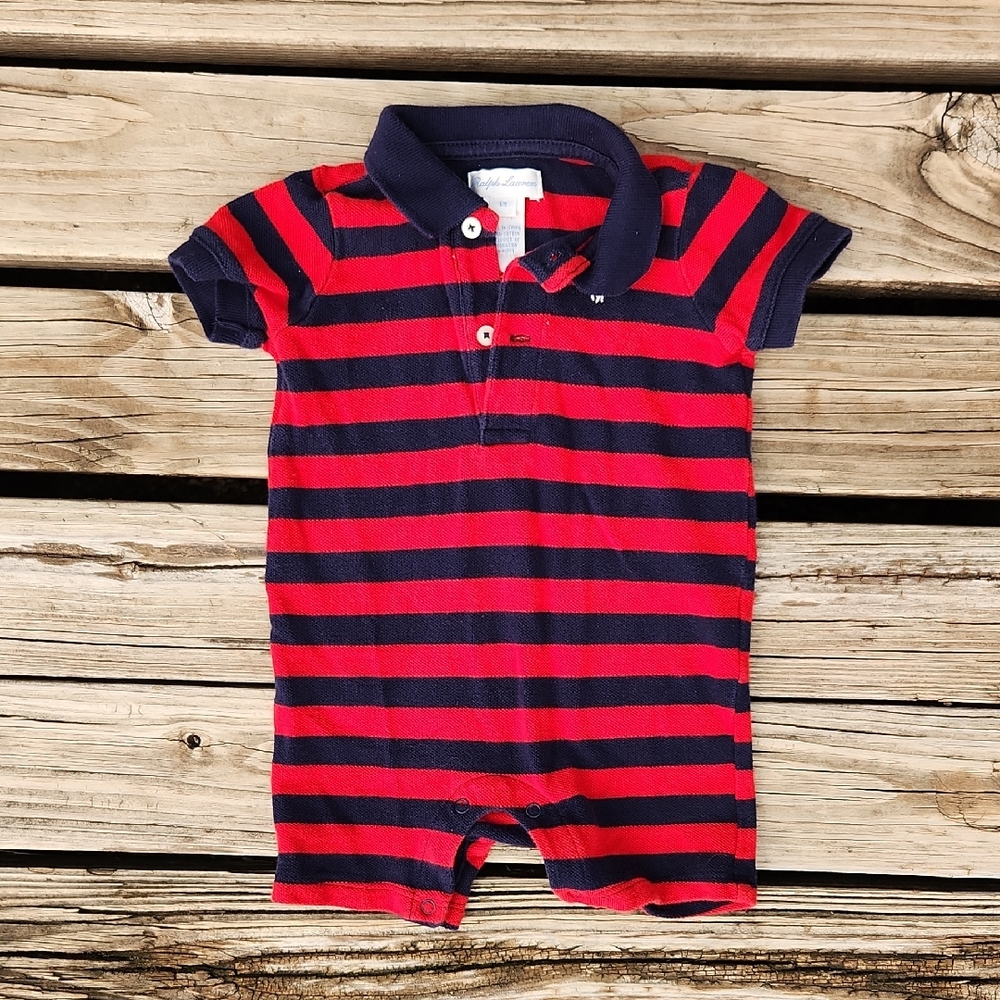 Vintage Ralph Lauren Polo Onesie Collar Striped Red Blue Outfit Golf
